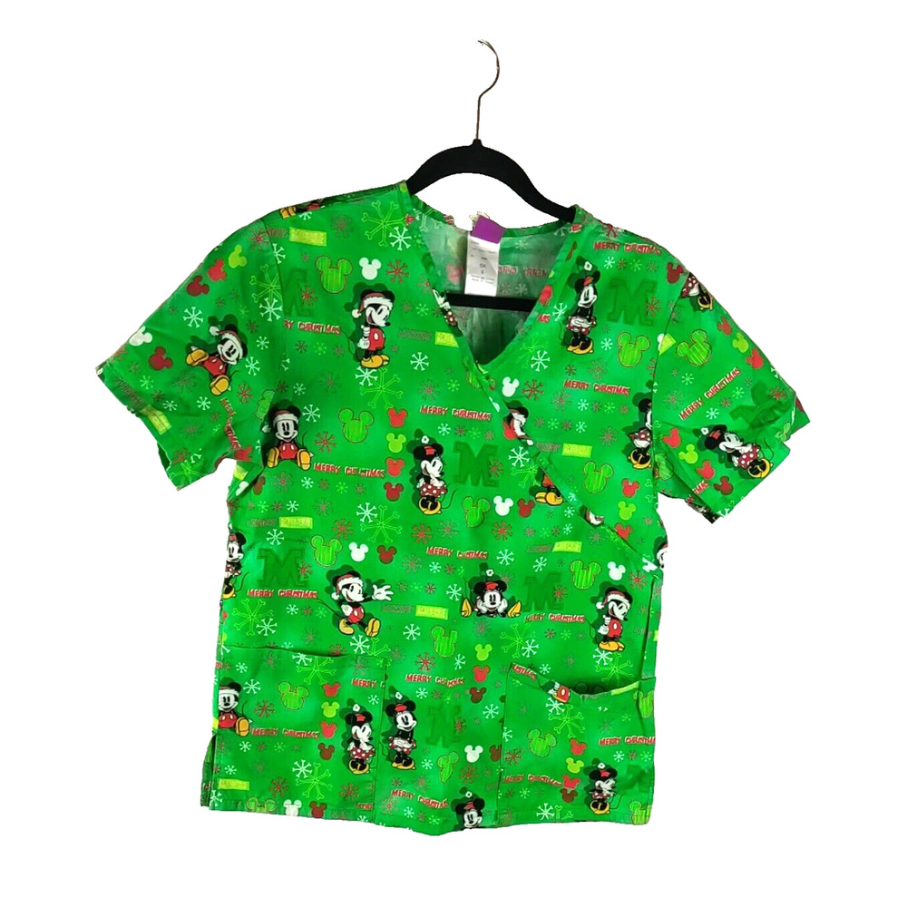 The Wonderful World Of Disney Women Scrub Top Size Small Mickey Mouse Christmas